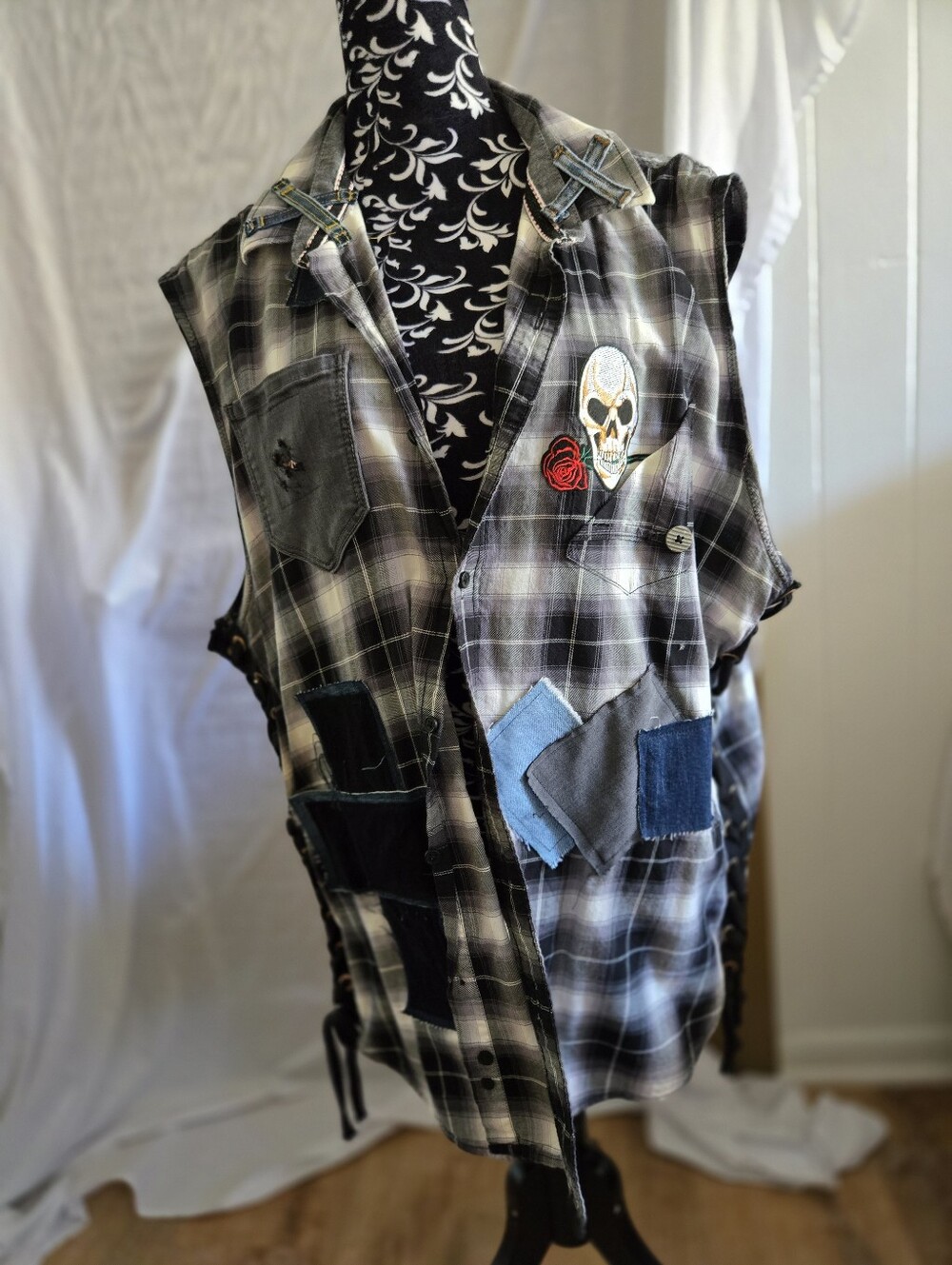 Distressed Black & Gray Plaid Patchwork Vest  Band Shirt